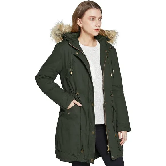 Women's Winter Thicken Fleece Jacket Fur Hooded Military Parka Coat